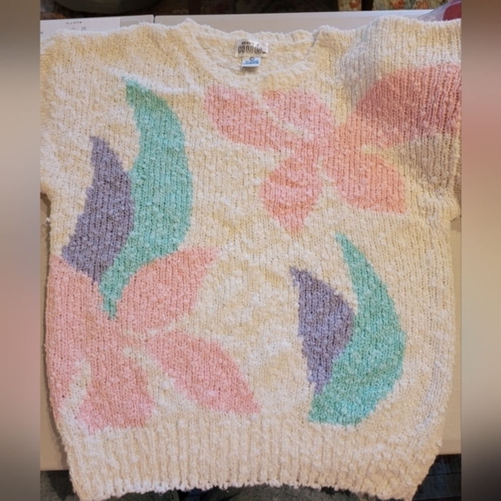 VINTAGE Here's A Hug Acrylic Sweater Cream Pastel Flowers Large - Picture 14 of 16